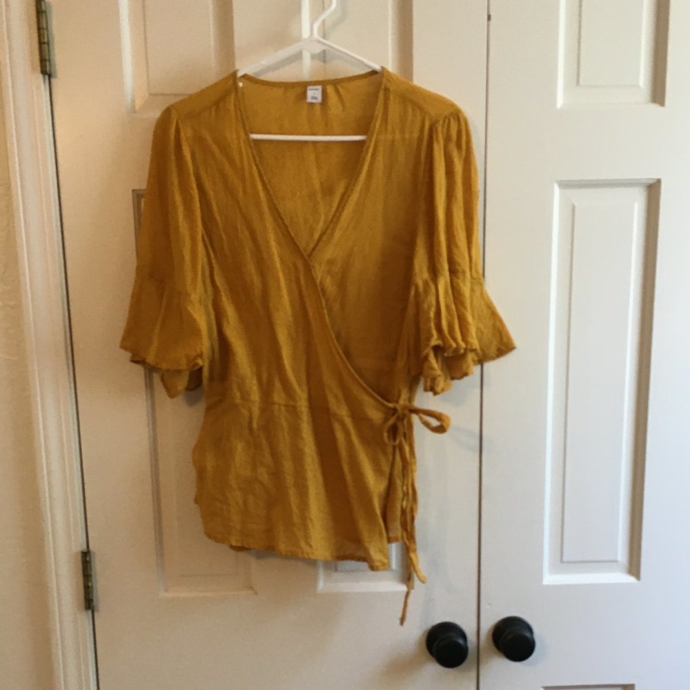 V-Neck Tie Wrap Shirt: Mustard Yellow, Gold, Linen